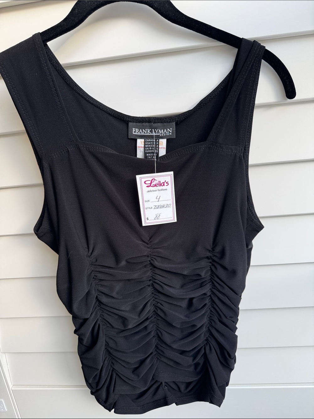 Frank Lyman Design | Ruched Black Stretch Tank Top Made in Canada | 4 | MSRP $88